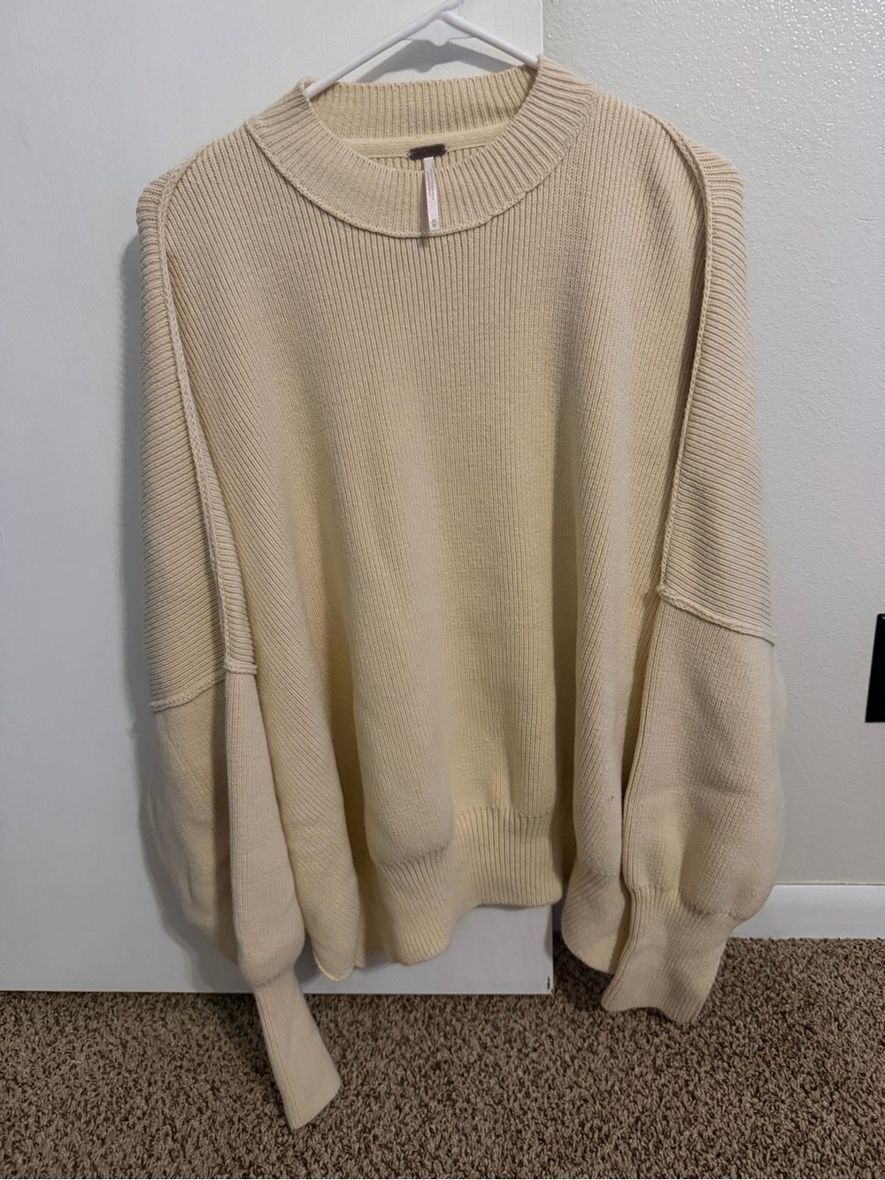 Free People Ivory Oversized Ribbed Crewneck Sweater